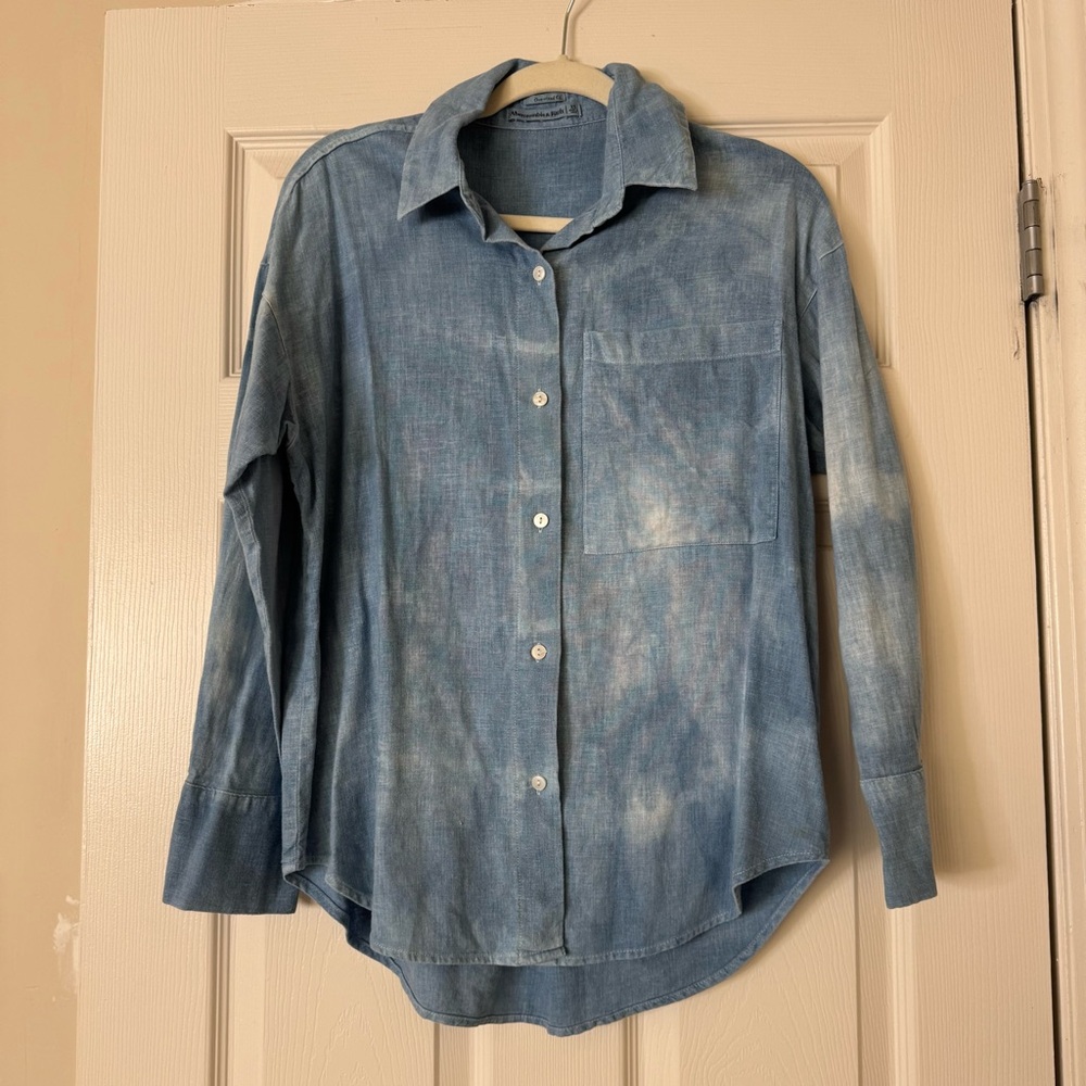 Indigo Cotton/Linen A&F Button-Up Shirt